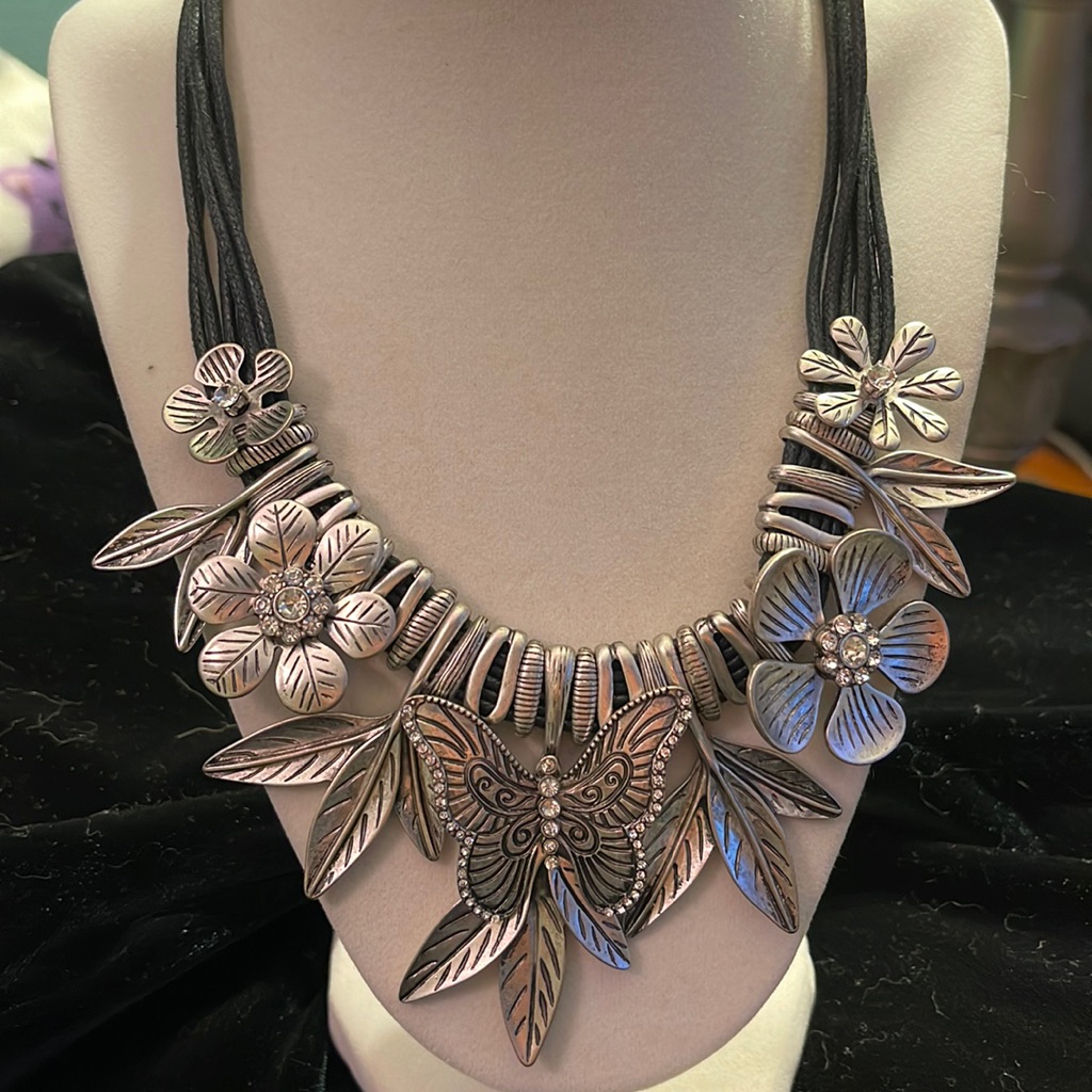 Silver Bling Butterfly Floral Necklace/Leather Cords, Adjustable Lobster Clasp